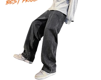 Pantalones vaqueros de pierna ancha y holgada para hombre, estilo coreano, corte recto, ideales para un look casual urbano.