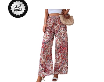 Pantalones anchos de mujer estilo boho con estampado paisley, cintura alta y elásticos, ideales para vacaciones.