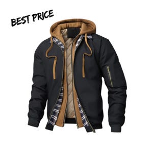 May include: A black bomber jacket with a tan hood and drawstring, featuring a quilted tan lining and a plaid inner layer. The jacket has a zippered sleeve pocket and the text BEST PRICE printed in black in the upper left corner.