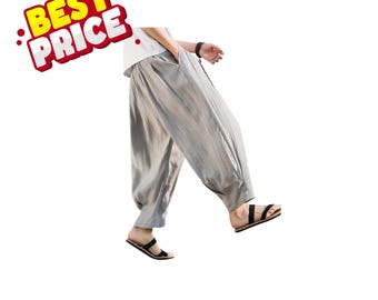 Men’s Ice Silk Linen Harem Pants Oversized Wide Leg Casual Summer Trousers