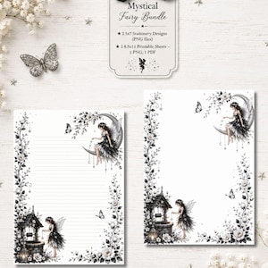 May include: A digital stationery bundle featuring two printable sheets with black and white fairy illustrations. The designs include a fairy sitting on a crescent moon, a wishing well, roses, and butterflies. One sheet is lined, and one is blank.