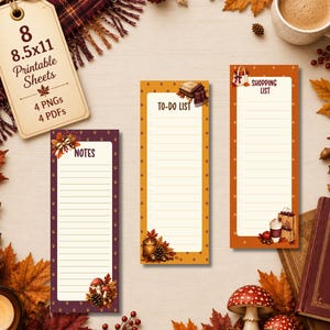 May include: Three vertical printable list sheets labelled Notes, To-Do List, and Shopping List, featuring autumn-themed illustrations of mushrooms, pinecones, and leaves. A beige tag indicates 8.5x11 printable sheets with 4 PNGs and 4 PDFs.