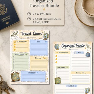 May include: A digital travel planner bundle featuring two printable sheets titled Travel Chaos and Organized Traveler. Each sheet includes sections for Top Three Priorities, Notes, Travel Checklist, Itinerary, and Travel Goals, decorated with illustrations of airplanes, globes, and suitcases.