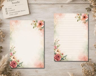 Conjunto de Papelaria Floral Elegante | Papel para Escrita com e sem Linhas | Páginas para Diário 5x7 | (Download Digital)