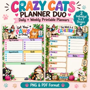 Op de afbeelding: Een printbaar planner-duo met twee 13x18 cm ontwerpen met kattenillustraties. De dagplanner bevat secties voor prioriteiten, to-do lijsten, afspraken en doelen. De weekplanner bevat dagelijkse vakken, prioriteiten en notities, allemaal versierd met kleurrijke bloemenranden en diverse kattenfiguren.
