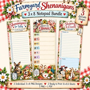 May include: A digital bundle of three 3x8 inch notepad designs featuring farm animals, sunflowers, and red gingham borders. The designs include a daily task list, a weekly meal planner, and a shopping and errands list with text labels.