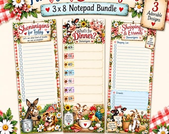 Printable Notepad Bundle | 3x8 To Do List, Shopping List, Weekly Meal Planner | Farm Animal Planner Pages | Digital Download