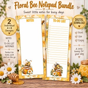 Op de afbeelding: Een digitale downloadbundel met twee 10x20 cm notitieblokontwerpen met een geel bloemen- en honingraatpatroon. Het ene blok is gelabeld NOTES en het andere TO-DO LIST, beide versierd met een cartoonbij op een honingpot.