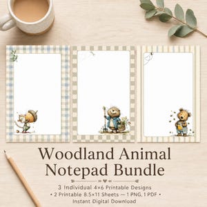 May include: Three rectangular stationery sheets featuring woodland animal illustrations. The first has a blue gingham border with a mouse holding an acorn. The second has a beige checkerboard border with a hedgehog gardening. The third has a striped border with a bear holding a honey pot.