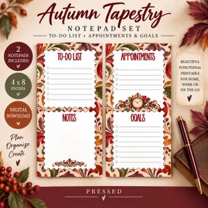 May include: An Autumn Tapestry notepad set featuring two 10.16 x 20.32 cm sheets with sections for To-Do List, Appointments, Notes, and Goals. The paper has a decorative border of autumn leaves and a clock illustration, with text printed in dark red.