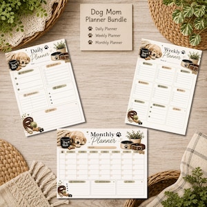 May include: A Dog Mom Planner Bundle featuring a daily, weekly, and monthly planner. Each sheet displays a golden puppy, a black mug labeled Dog Mom, a dog bowl, and a leash. The text includes Dog Mom Planner Bundle, Daily Planner, Weekly Planner, and Monthly Planner with sections for appointments, to-do lists, goals, and notes.