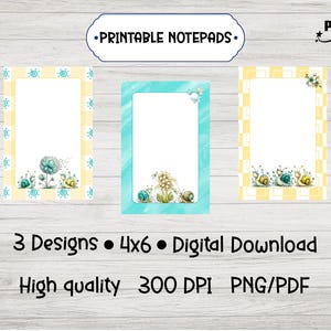 May include: Three printable notepads with different designs. Each notepad has a white interior with a decorative border. The borders are yellow and blue, and the notepads feature illustrations of snails and flowers. The image also includes text that says "Printable Notepads".
