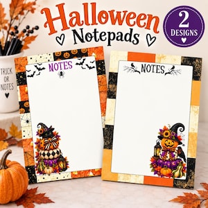 Puede incluir: Dos blocs de notas rectangulares de Halloween con espacio de escritura blanco y bordes decorativos. Uno presenta un gato negro sobre calabazas, el otro una calabaza de Halloween con un cuervo. Ambos tienen la palabra NOTES impresa arriba.