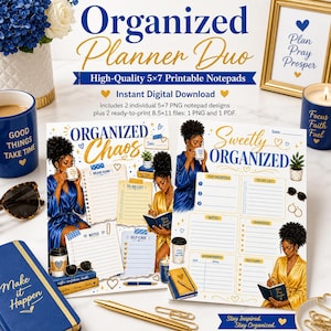 May include: Two printable notepad designs titled Organized Chaos and Sweetly Organized, featuring illustrations of people in robes, gold and blue text, and sections for to-do lists, notes, and reminders. The text includes Organized Planner Duo.