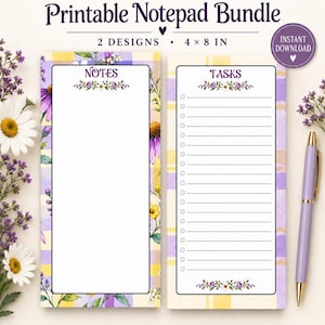 Könnte beinhalten: Ein druckbares Notizblock-Set mit zwei 4 mal 8 Zoll großen Designs, gelb-violettem Karomuster und Blumenrändern. Ein Block ist mit NOTES und der andere mit TASKS beschriftet, verziert mit kleinen Blumen und einem hellvioletten Kugelschreiber.