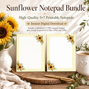 Può includere: Un set di blocchi note digitali con girasoli che include due design stampabili da 12,7x17,8 cm con bordi geometrici gialli e illustrazioni di girasoli. Un blocco è a righe, l'altro è vuoto. Include file pronti per la stampa da 21,6x27,9 cm.