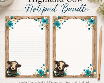 Highland Cow Notepad | Rustic Floral Farmhouse Stationery (Digital Download)