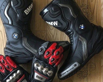 BMW Leather Motorcycle Gear | Full Grain Leather Racing Boots & Hard Knuckle Gauntlet Gloves