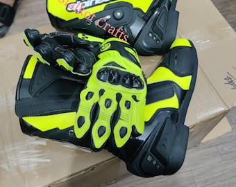 Fluoreszierendes Gelb Motorradstiefel & Handschuhe Set || High-Visity Biker Set |  Leder Moto Ausrüstung | Preis pro Rad