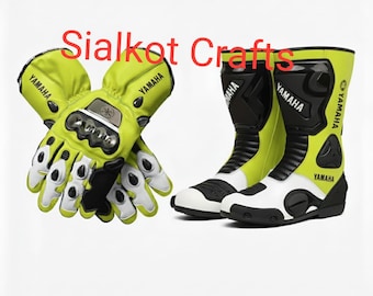Conjunto de equipamiento para motocicleta Yamaha Racing: guantes de cuero Pro y botas de competición en color amarillo neón - Alta visibilidad