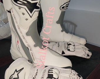 Conjunto de botas y guantes de motociclismo de competición / Equipamiento de motociclismo de cuero blanco / Moto GP Pro