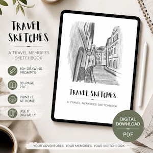 May include: A digital sketchbook titled Travel Sketches: A Travel Memories Sketchbook displayed on a tablet screen. The screen shows a black and white pencil drawing of a street scene. Text on the screen includes 80+ drawing prompts and 88-page PDF.