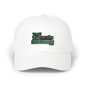 May include: White baseball cap with a curved peak. The cap has a patch with the text "X Generation Built Different" in green, black, and orange. The cap is made of a soft material and has a rounded crown.