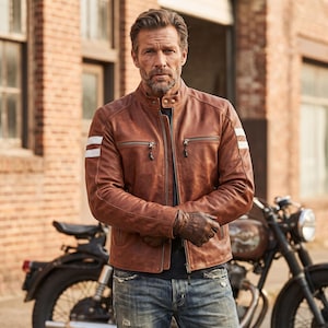 May include: A brown leather jacket featuring a stand-up collar with snap buttons, two horizontal zippered chest pockets, and two white horizontal stripes on each sleeve. The jacket is worn over a dark shirt and blue denim jeans.