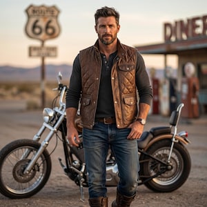 May include: A brown quilted leather vest with a stand-up collar, front button closure, and two flap pockets, worn over a dark grey long-sleeve henley shirt, paired with blue denim jeans, a brown leather belt, and dark brown leather boots.