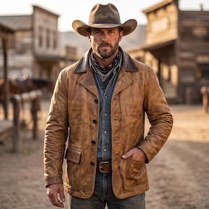 May include: A tan leather jacket with a dark brown collar, worn over a blue button-down shirt and a patterned neckerchief. The jacket features a front button closure and two large patch pockets. A brown cowboy hat is worn on the head.