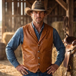 Handgjord cowboyväst i brunt läder i vintagestil | väst i westernstil med lammskinn | väst med skårade slag och metalliska knappar
