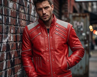 Blouson MJ rouge emblématique en cuir style beat it MJ Pop Star pour homme | Tenue de concert de la culture pop de luxe à fermetures multiples Rockstar fabriquée à la main