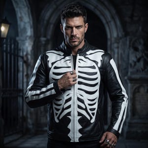 Könnte beinhalten: Eine schwarze Jacke mit einem weißen Skelett-Brustkorb-Design auf der Vorderseite und den Ärmeln. Die Jacke hat einen Stehkragen, einen zentralen Reißverschluss und lange Ärmel. Das weiße Knochenmuster erstreckt sich über die Brust und die Arme.