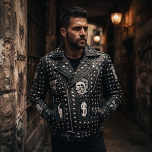 Men's Skull Brando Motorbike Rock Punk Spike Studded Leather Jacket | Handcrafted Embroidered Patches Gothic Biker Cowhide Motorcycle Coat