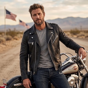 May include: A black leather motorcycle jacket with silver zippers and snaps, worn over a grey t-shirt and dark blue denim jeans. The jacket features a notched lapel, epaulets on the shoulders, and a belted waist, showcasing a classic biker design.