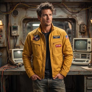 Könnte beinhalten: Eine senfgelbe Utility-Jacke mit Stehkragen, Frontreißverschluss und mehreren Aufnähern, darunter ein kreisförmiges Emblem, ein rechteckiges Namensschild mit der Aufschrift GRACE, ein rotes PHM-Etikett und eine kleine US-Flagge am Ärmel.