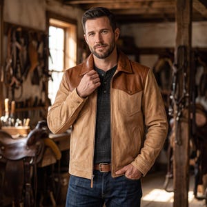 Men's Kevin Costner Style Western Two-Tone Leather Jacket | Handcrafted Trucker Coat | Vintage Cowboy Shirt-Style Collar Outerwear
