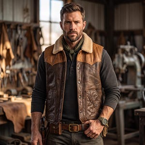 Könnte beinhalten: Eine braune Lederweste mit beigem Lammfellkragen, Druckknopfverschlüssen und zwei Vordertaschen. Die Weste wird über einem dunkelgrauen Langarmshirt mit einem dunkelgrünen Halstuch getragen, ergänzt durch einen Ledergürtel und eine Armbanduhr.