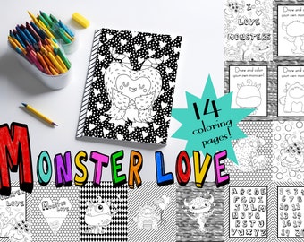 Monster Love Coloring Book, 8.5x11 printable pages, kids coloring sheets, digital coloring, Ipad, tablet, youth activity workbook, download