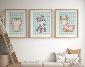 Flower Crown Watercolor Animals Nursery Wall Art, Baby’s Room Decor, Owl, Racoon, Deer, Large Digital Download, 16x20