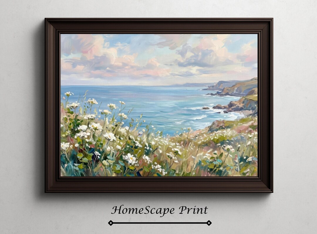 Pastel Coastal Landscape Wall Art | Ocean Cliff Painting, Wildflower ...