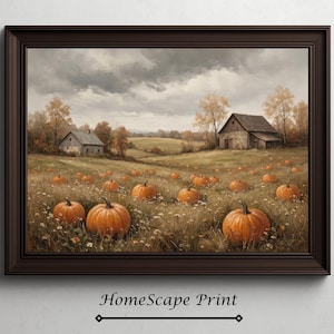 May include: A framed landscape print titled HomeScape Print depicting a rural field filled with orange pumpkins under a cloudy sky. Two rustic barns sit in the distance amidst golden autumn trees and dry grass, captured in a painterly style.
