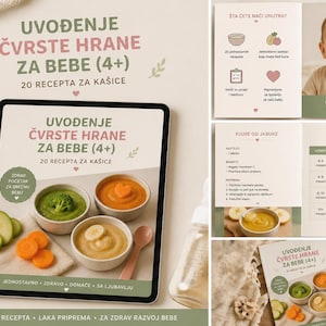 Op de afbeelding: Digitale gids voor het introduceren van vast voedsel aan baby's, met recepten en informatie. De afbeelding toont een tablet met de gids, kommen met gepureerd voedsel, recepten voor babyvoeding en een baby die eet. Inclusief een babyfles en een teddybeer.