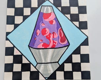 Cuadro acrílico pintado a mano con diseño de lámpara de lava estilo retro de tablero de ajedrez.