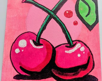 Cuadro de cerezas pintado a mano sobre lienzo – Decoración de pared con frutas rosas