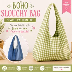 Könnte beinhalten: Ein PDF-Schnittmuster für eine Beuteltasche mit dem Text BOHO SLOUCHY BAG und You can build it with jeans or any favorite textile. Das Bild zeigt eine grün-weiß karierte Tasche und eine blaue Jeans-Tasche als anschauliche Beispiele.
