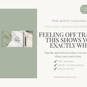 Op de afbeelding: Promotieafbeelding voor Tess White Coaching. De afbeelding toont een wit notitieboek met de titel "The Gap Map" met een pen en de tekst "Feeling Off Track? This Shows You Exactly Why". De afbeelding bevat ook het websiteadres tesswhitecoach.com.