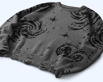Ripped Sweater Men Starry Sky Pattern Distressed Knit Pullover Streetwear Grunge Crew Neck Abstract Graphic Casual Vintage Y2K Gift