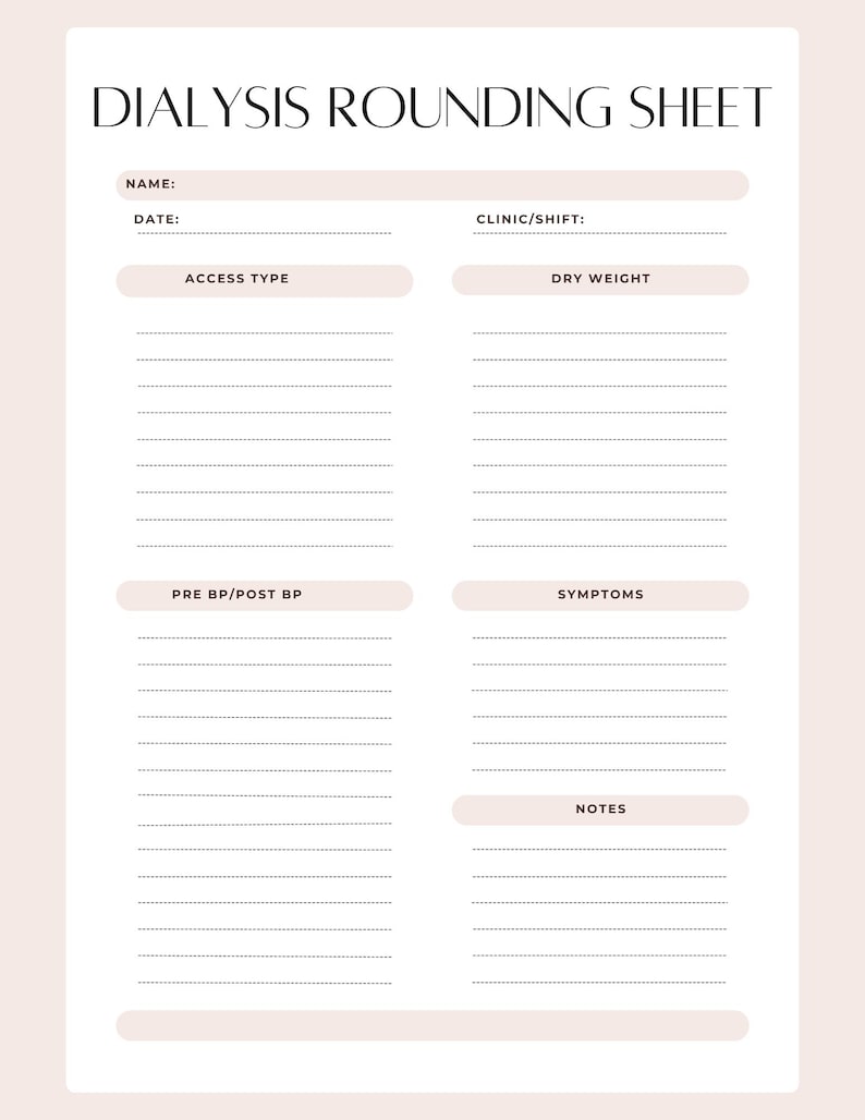 Dialysis Rounding Notebook Dialysis Nurse Practitioner Rounding Worksheet | Nephrology Clinic ...