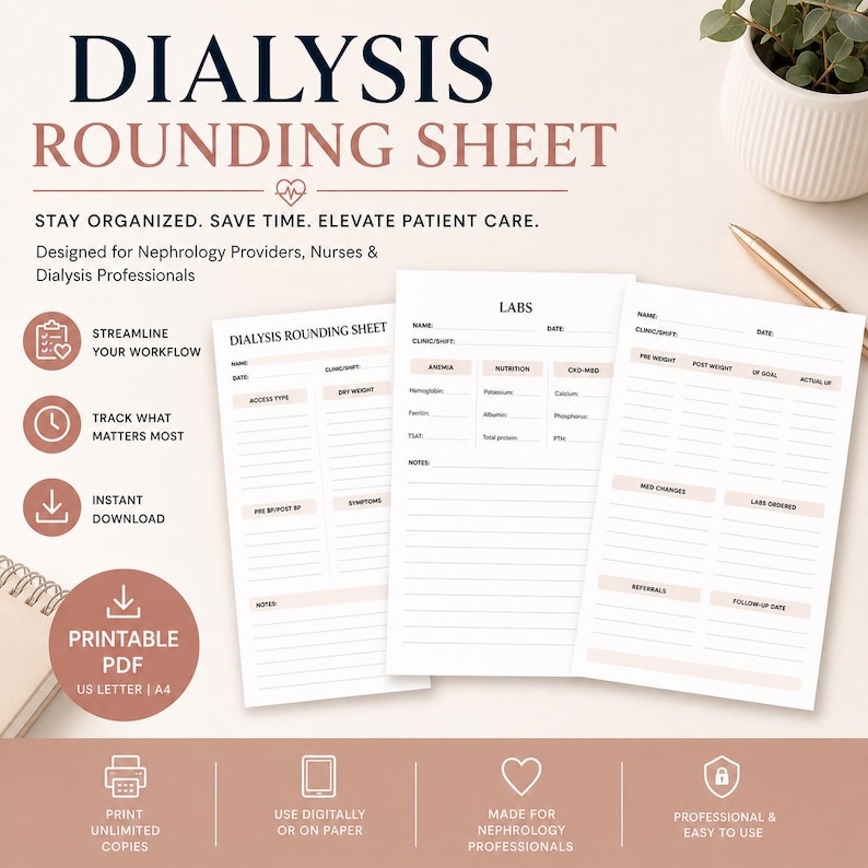Dialysis Rounding Notebook Dialysis Nurse Practitioner Rounding Worksheet | Nephrology Clinic ...